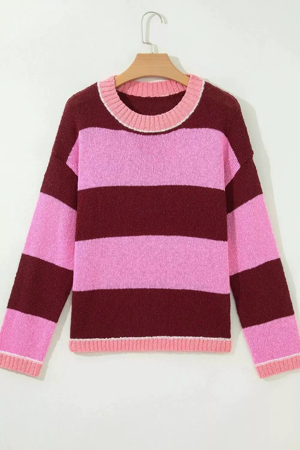 Striped Drop Shoulder Long Sleeve Pullover Regular Fit Knit Sweater - Bitsy Gypsy Boutique