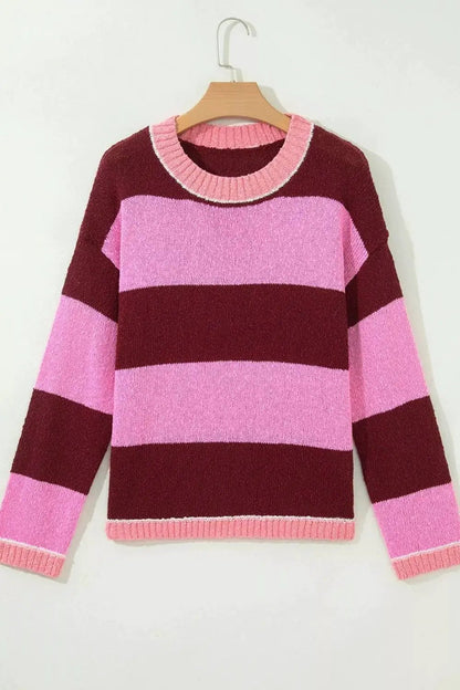 Striped Drop Shoulder Long Sleeve Pullover Regular Fit Knit Sweater - Bitsy Gypsy Boutique