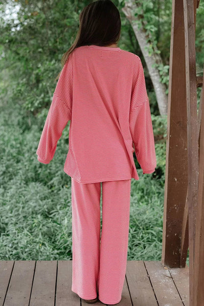 Striped Drop Shoulder Long Sleeve Top and Pants Set - Bitsy Gypsy Boutique