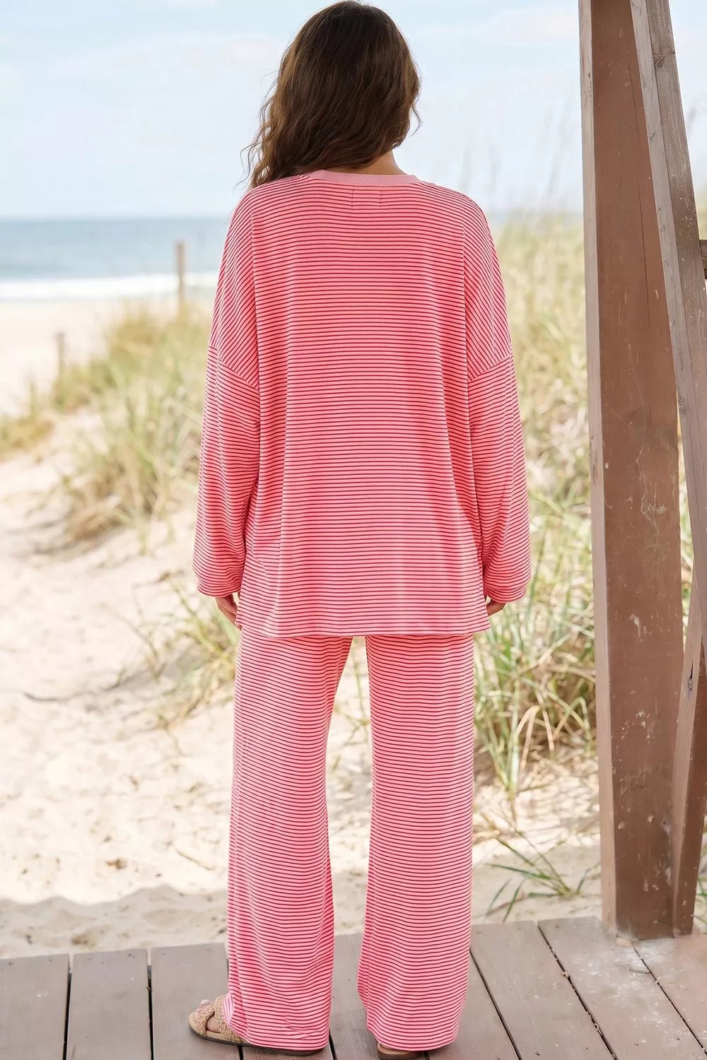 Striped Drop Shoulder Long Sleeve Top and Pants Set - Bitsy Gypsy Boutique