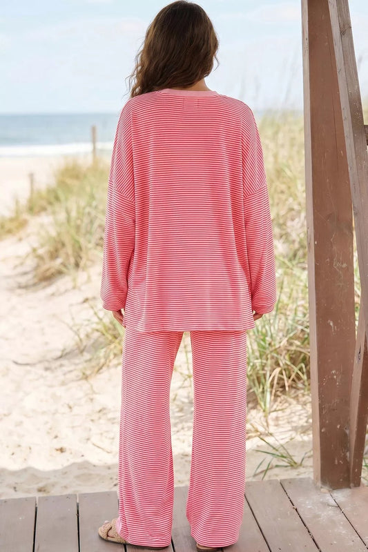 Striped Drop Shoulder Long Sleeve Top and Pants Set - Bitsy Gypsy Boutique