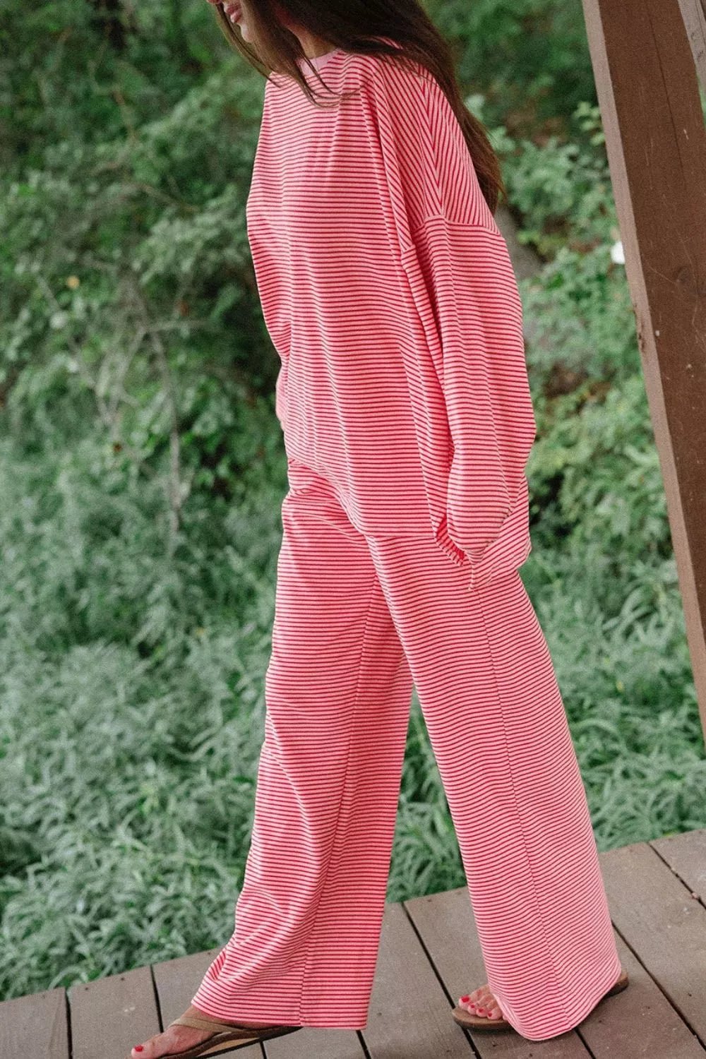 Striped Drop Shoulder Long Sleeve Top and Pants Set - Bitsy Gypsy Boutique