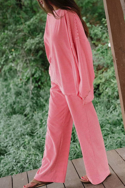 Striped Drop Shoulder Long Sleeve Top and Pants Set - Bitsy Gypsy Boutique