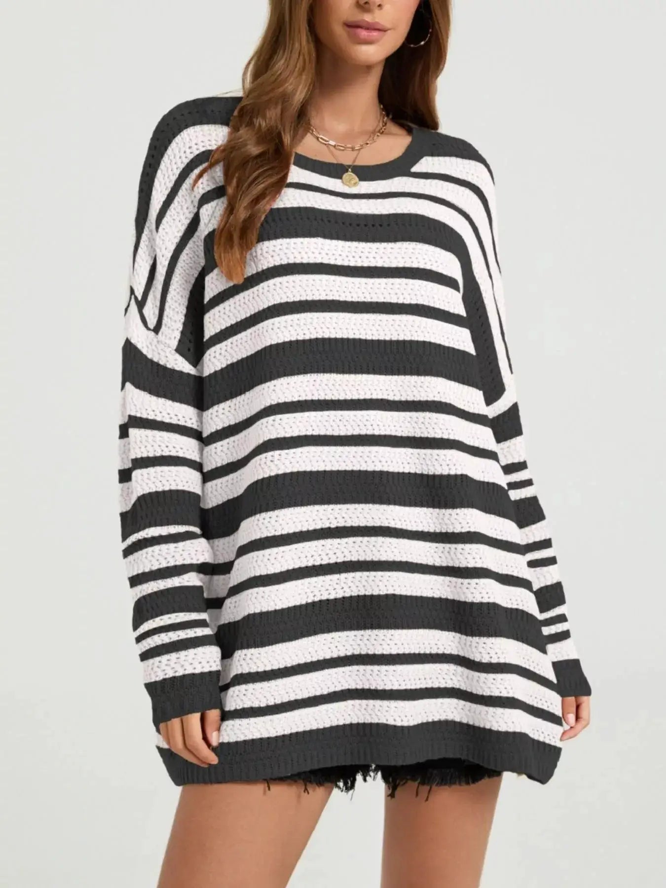 Striped Drop Shoulder Sweater by Trendsi