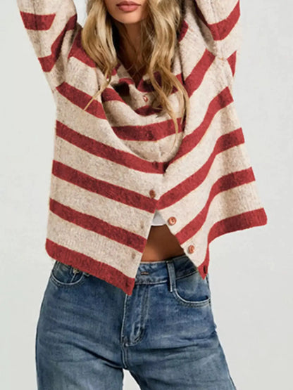 Striped Fuzzy Knit Cardigan by Trendsi