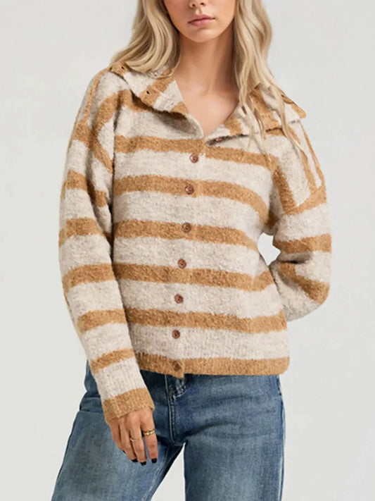 Striped Fuzzy Knit Cardigan by Trendsi