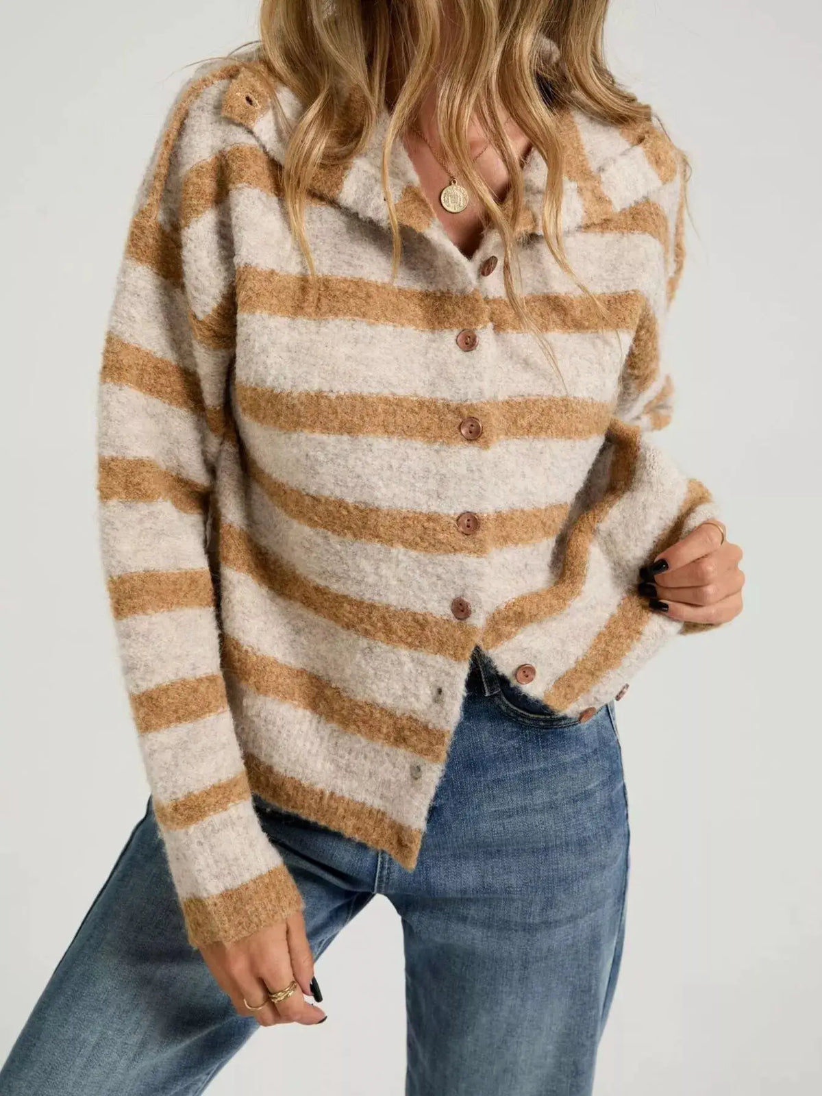 Striped Fuzzy Knit Cardigan by Trendsi