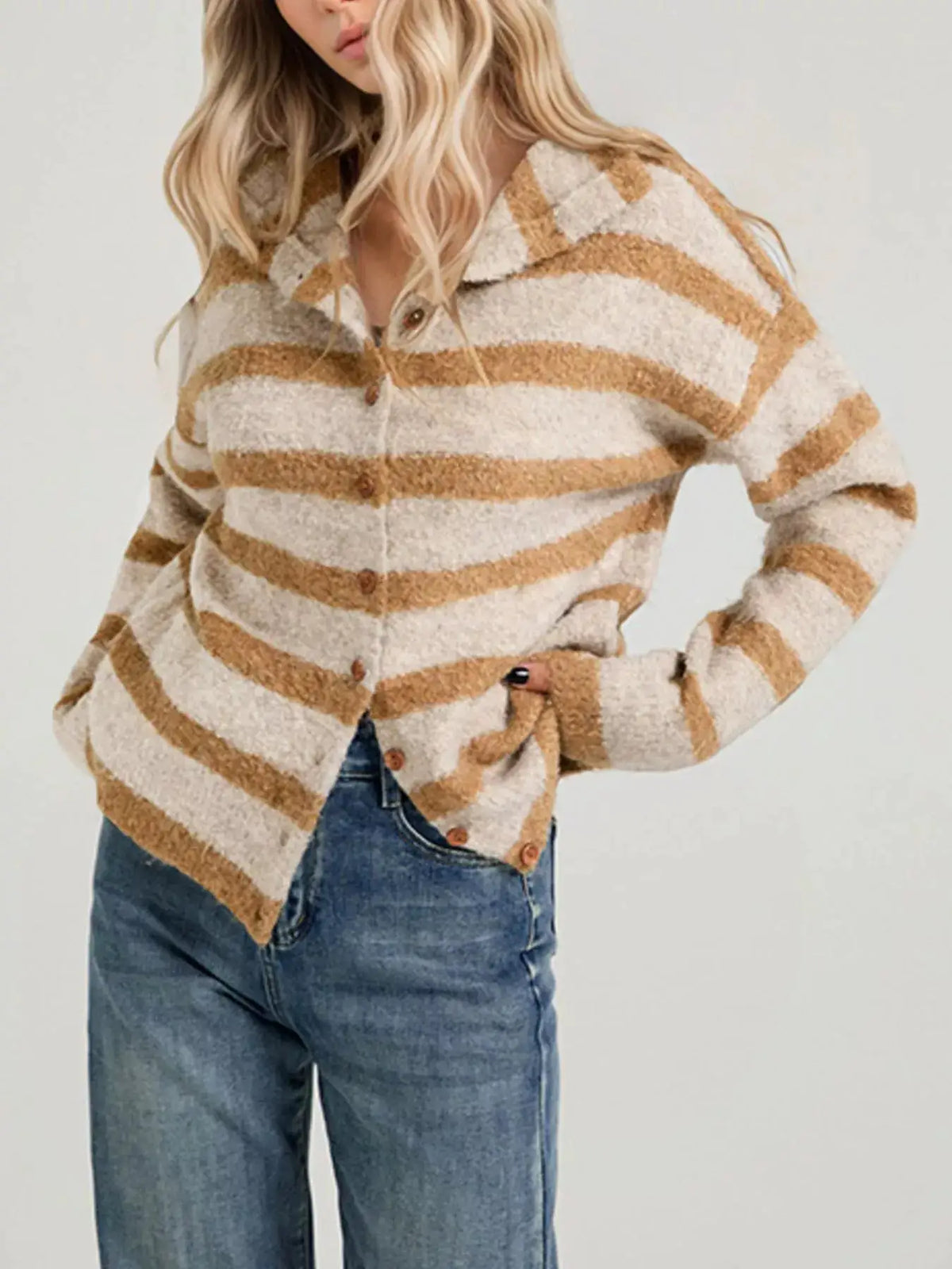 Striped Fuzzy Knit Cardigan by Trendsi