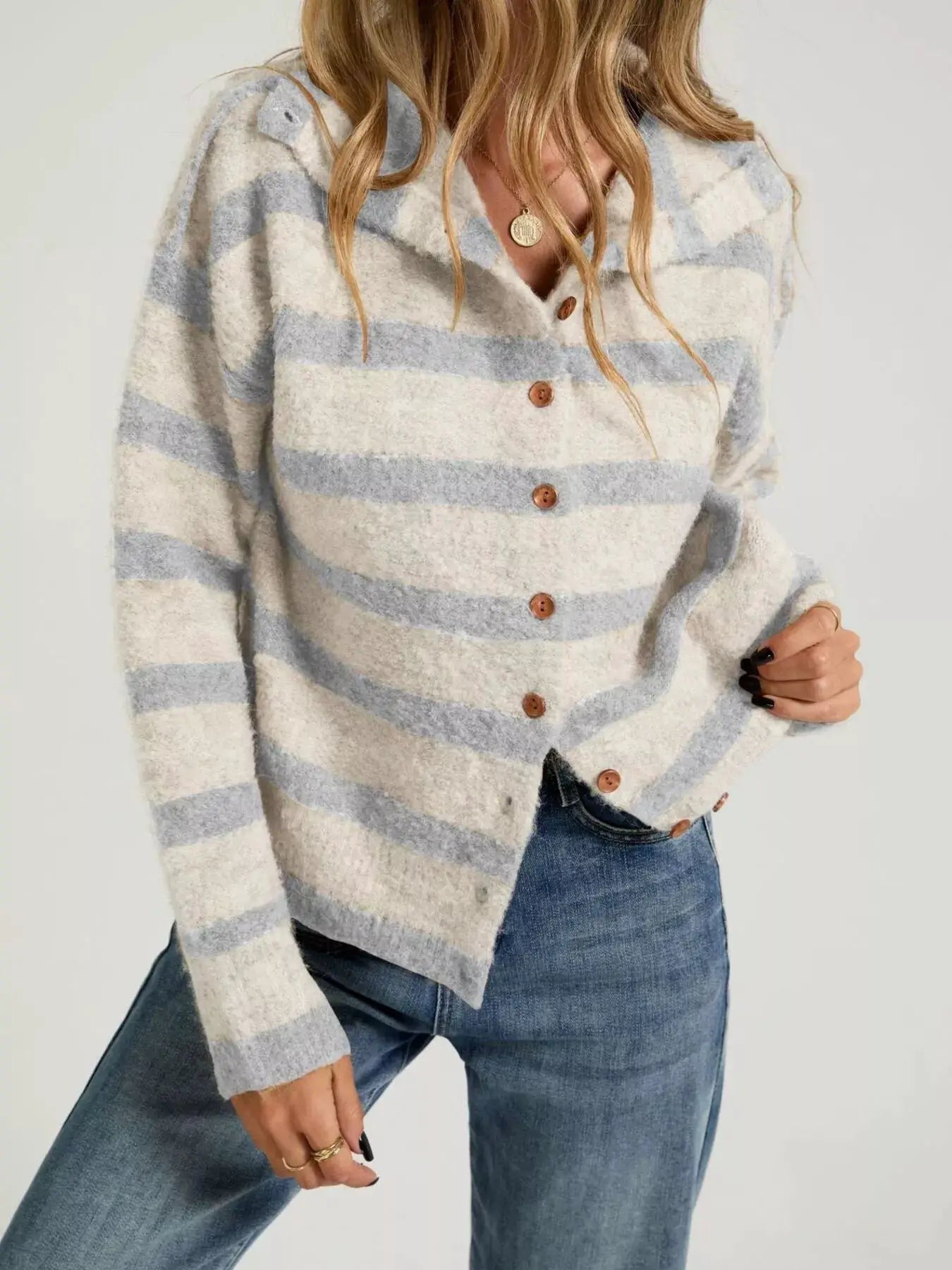 Striped Fuzzy Knit Cardigan by Trendsi