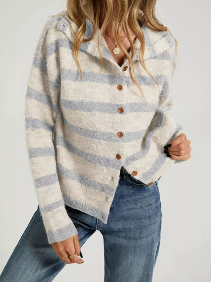 Striped Fuzzy Knit Cardigan by Trendsi