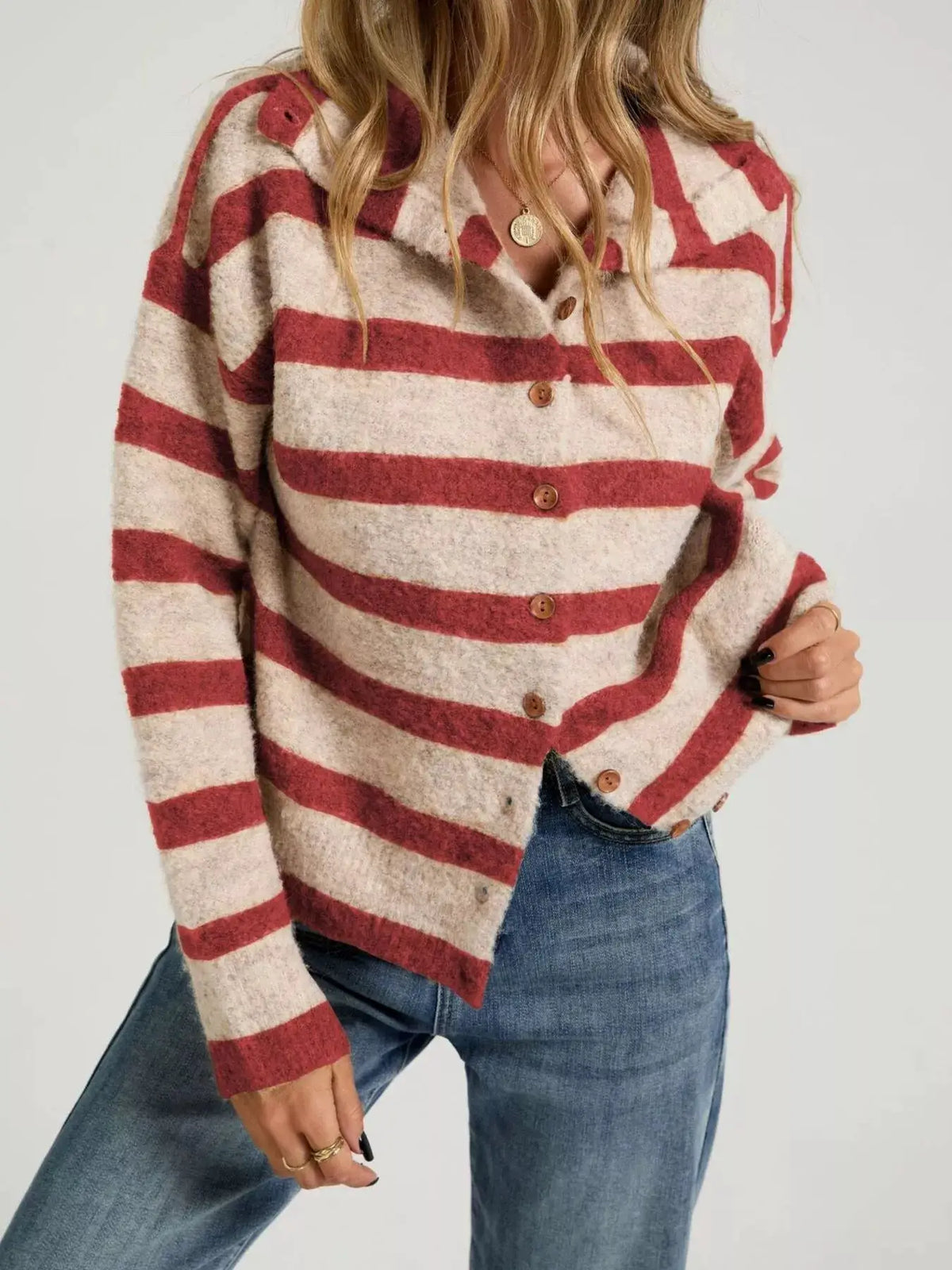 Striped Fuzzy Knit Cardigan by Trendsi