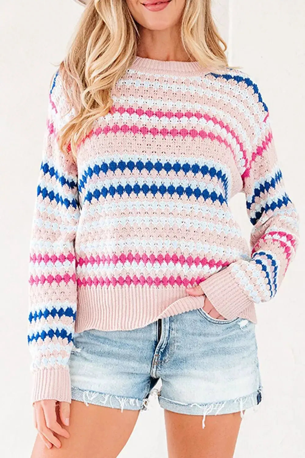 Striped Geometric Pattern Sweater by Trendsi