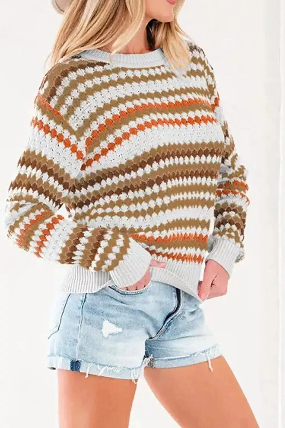 Striped Geometric Pattern Sweater by Trendsi