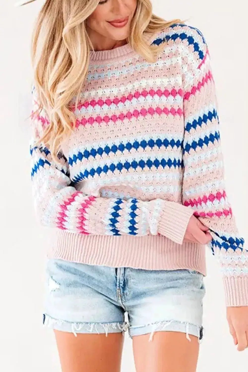 Striped Geometric Pattern Sweater by Trendsi