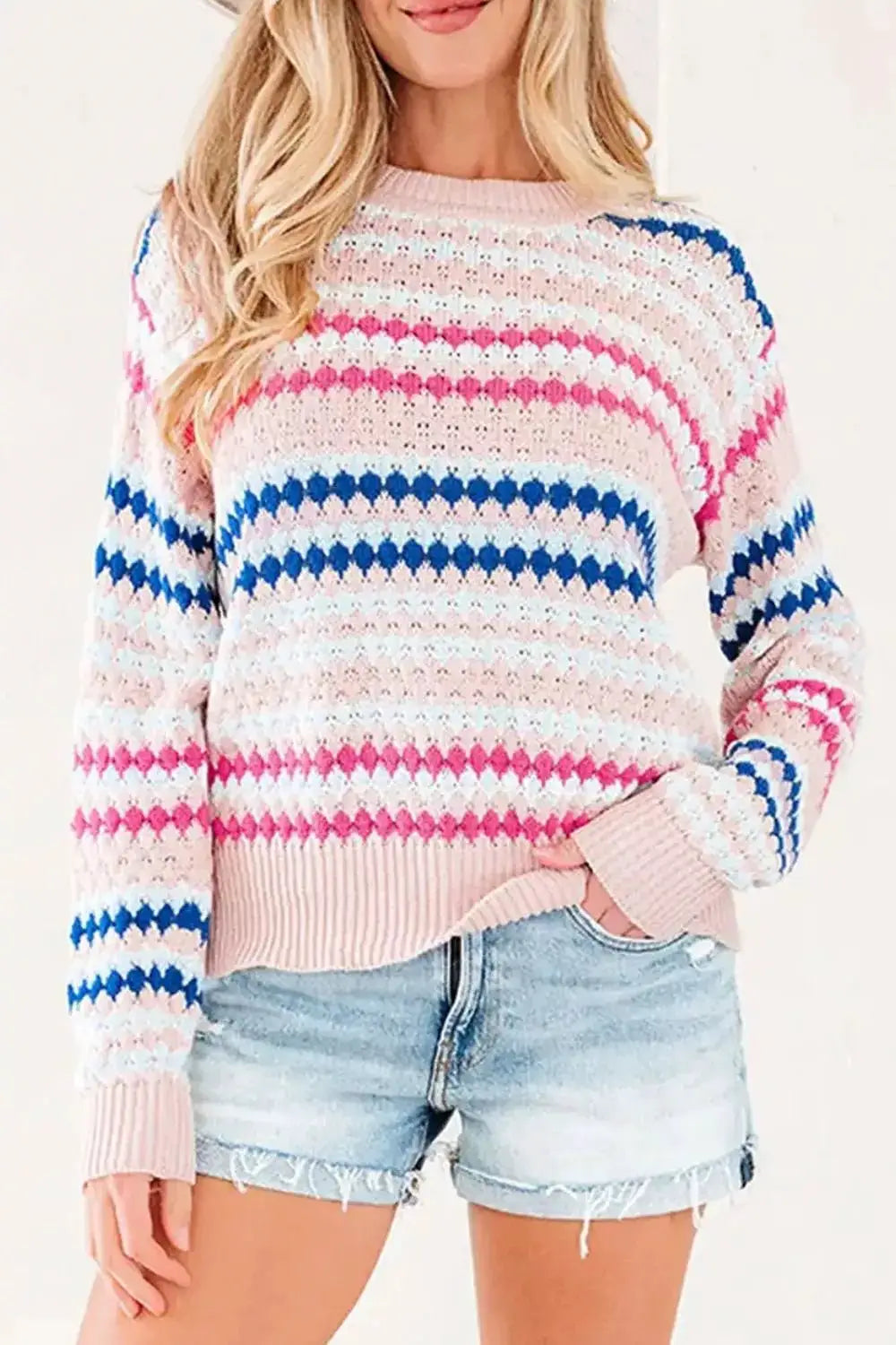 Striped Geometric Pattern Sweater by Trendsi
