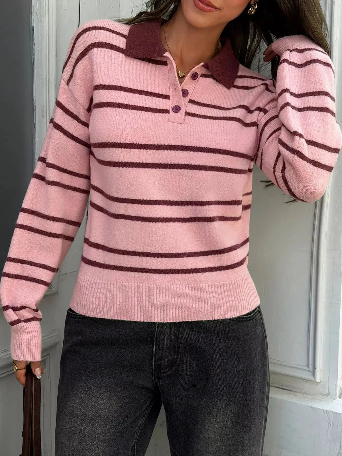 Striped Polo Collar Dropped Shoulder Sweater - Bitsy Gypsy Boutique
