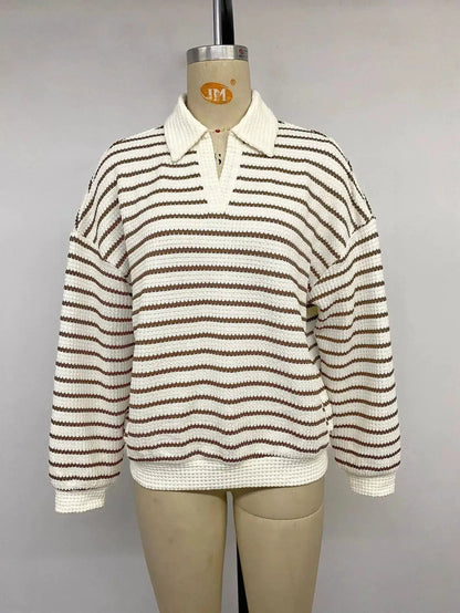 Striped Polo Collar Knit Sweatshirt - Bitsy Gypsy Boutique