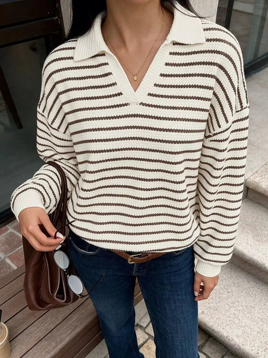 Striped Polo Collar Knit Sweatshirt - Bitsy Gypsy Boutique