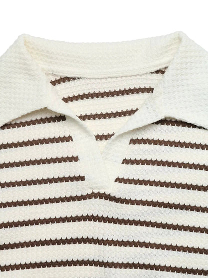 Striped Polo Collar Knit Sweatshirt - Bitsy Gypsy Boutique