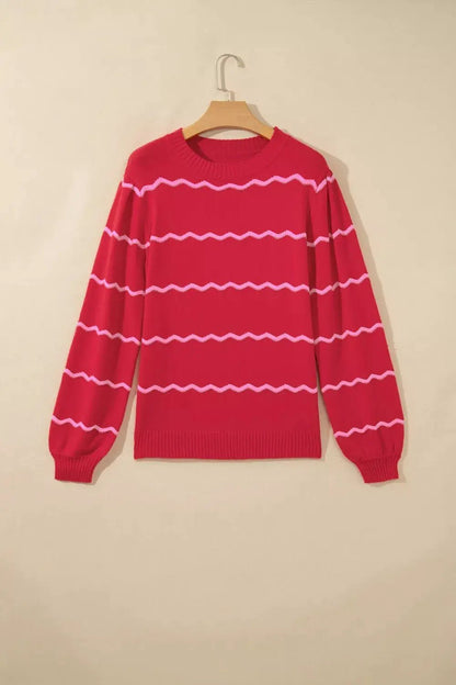 Striped Round Neck Long Sleeve Shift Pullover Sweater - Bitsy Gypsy Boutique