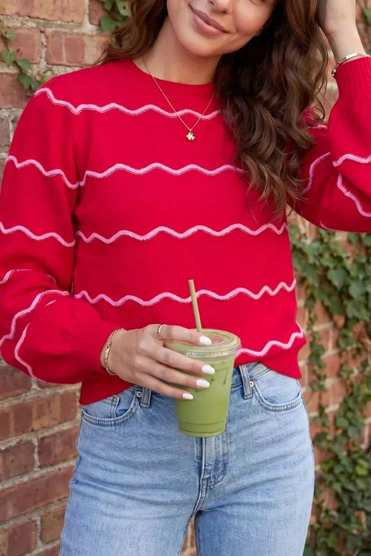 Striped Round Neck Long Sleeve Shift Pullover Sweater - Bitsy Gypsy Boutique