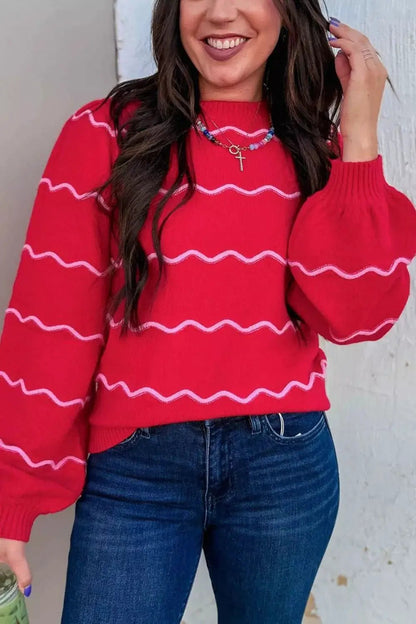 Striped Round Neck Long Sleeve Shift Pullover Sweater - Bitsy Gypsy Boutique