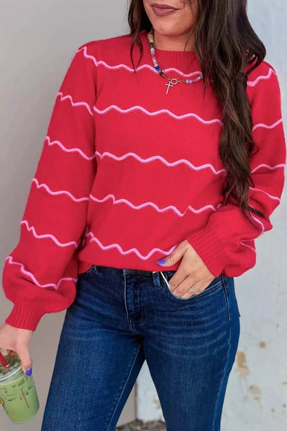 Striped Round Neck Long Sleeve Shift Pullover Sweater - Bitsy Gypsy Boutique
