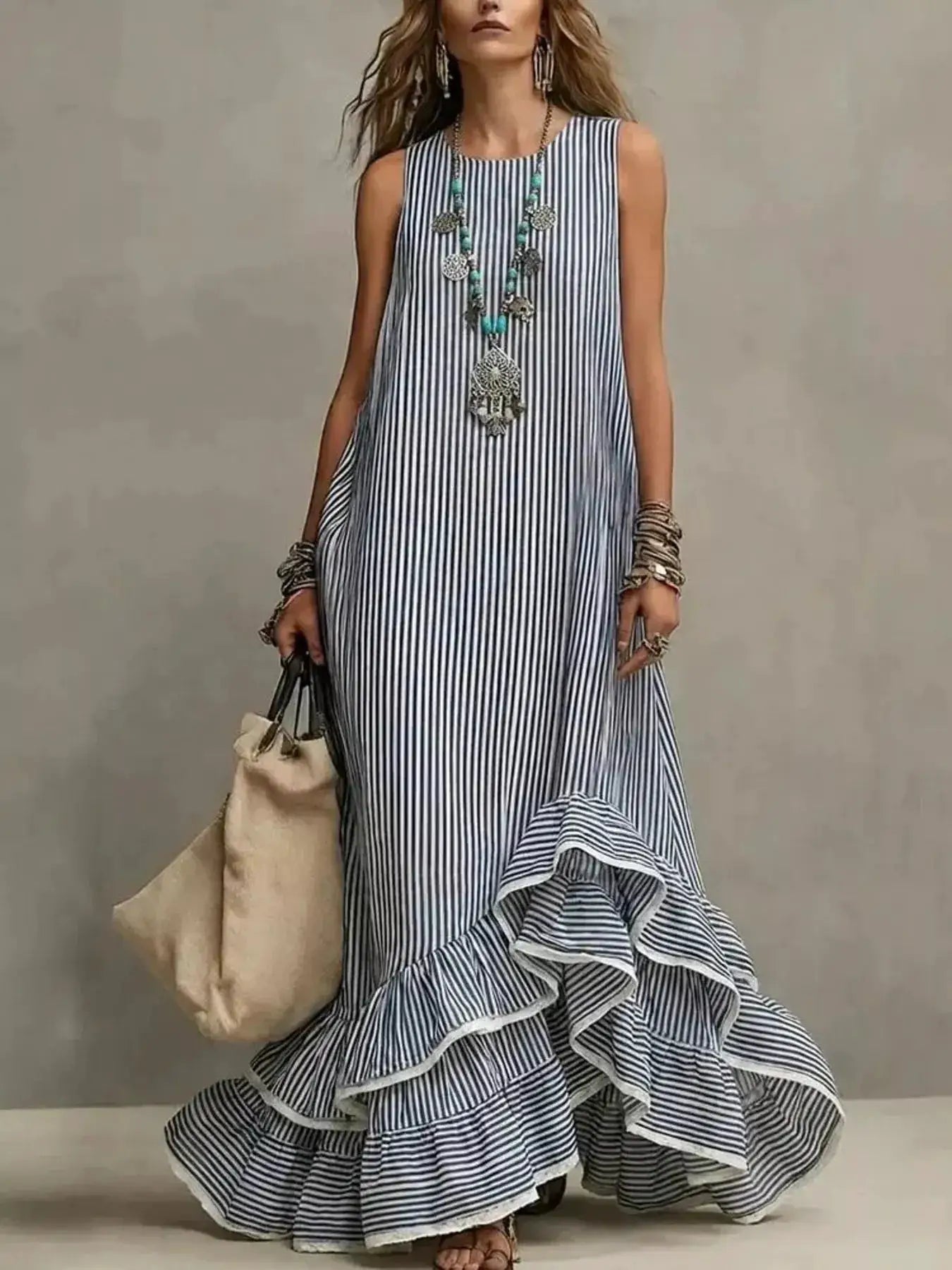 Striped Ruffle Hem Maxi Dress by Trendsi