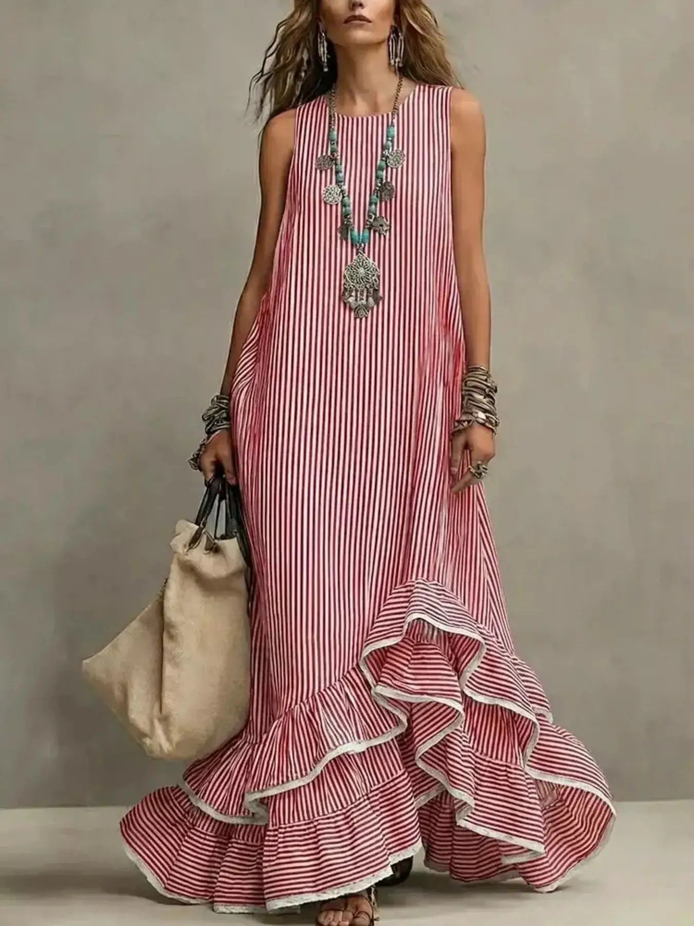 Striped Ruffle Hem Maxi Dress by Trendsi
