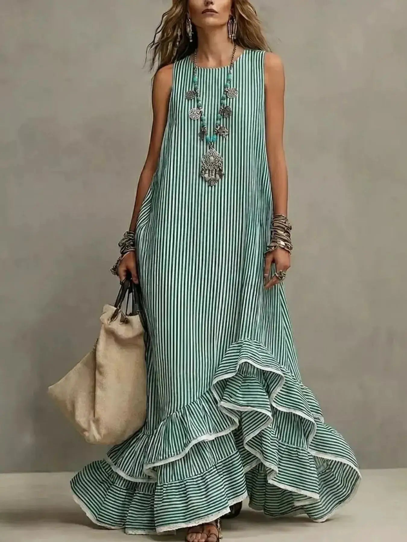 Striped Ruffle Hem Maxi Dress by Trendsi
