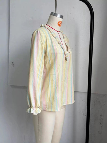 Striped Ruffle-Trim V-Neck Blouse - Bitsy Gypsy Boutique