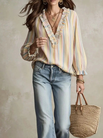 Striped Ruffle-Trim V-Neck Blouse - Bitsy Gypsy Boutique