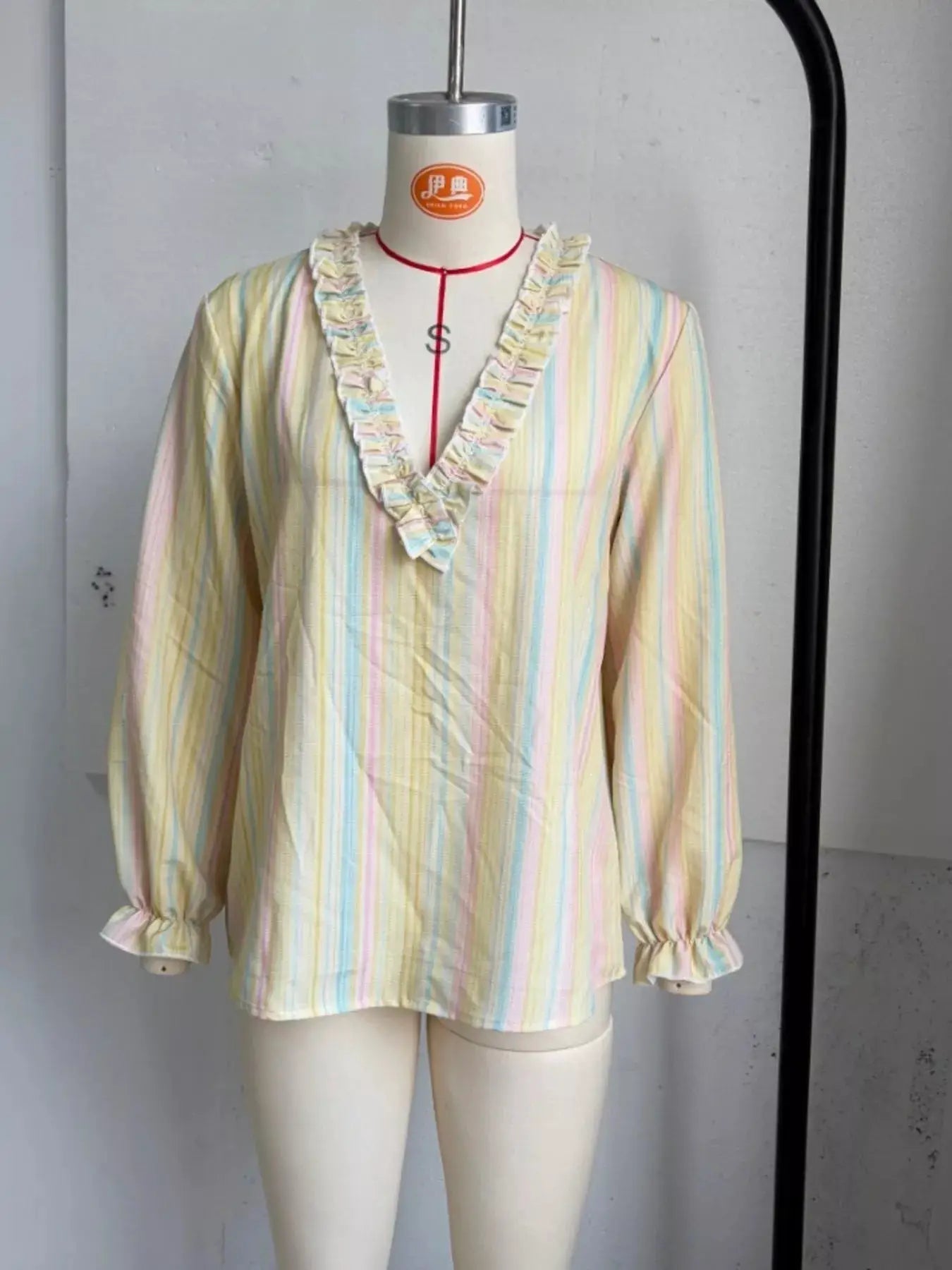 Striped Ruffle-Trim V-Neck Blouse - Bitsy Gypsy Boutique
