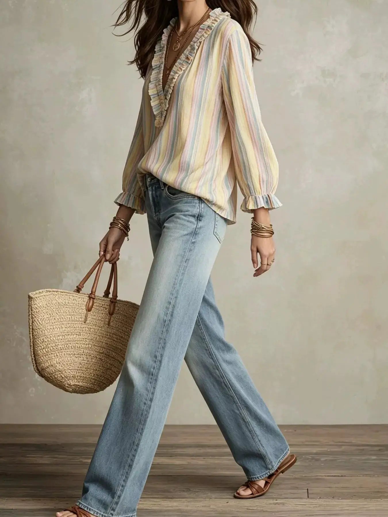 Striped Ruffle-Trim V-Neck Blouse - Bitsy Gypsy Boutique