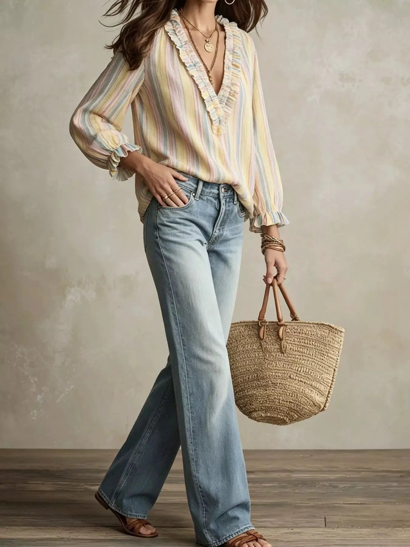 Striped Ruffle-Trim V-Neck Blouse - Bitsy Gypsy Boutique
