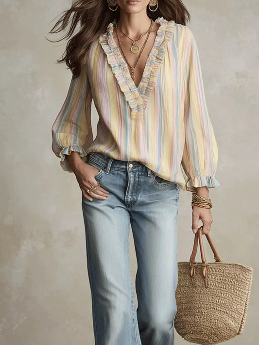 Striped Ruffle-Trim V-Neck Blouse - Bitsy Gypsy Boutique