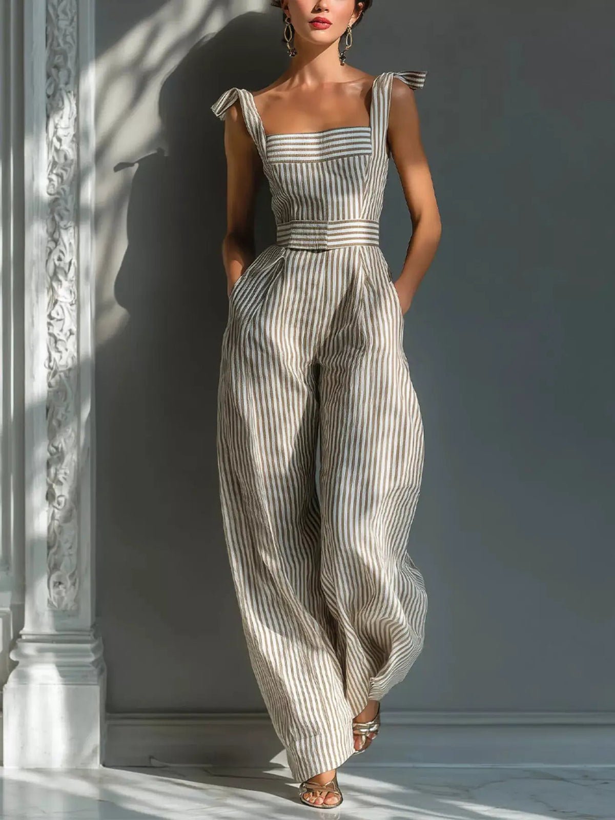 Striped Tie Shoulder Wide Leg Pocketed Jumpsuit - Bitsy Gypsy Boutique
