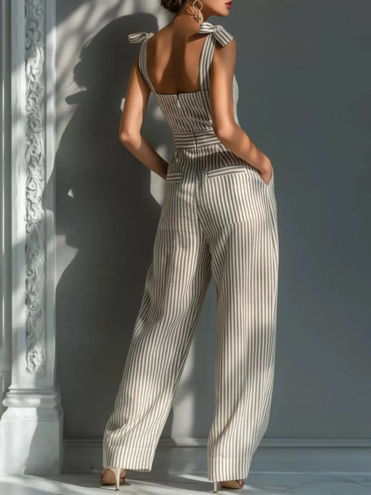 Striped Tie Shoulder Wide Leg Pocketed Jumpsuit - Bitsy Gypsy Boutique