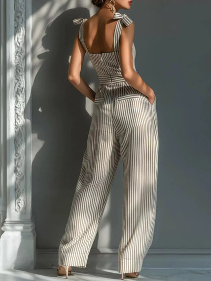Striped Tie Shoulder Wide Leg Pocketed Jumpsuit - Bitsy Gypsy Boutique