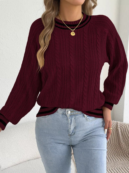 Striped Trim Cable Knit Sweater - Bitsy Gypsy Boutique