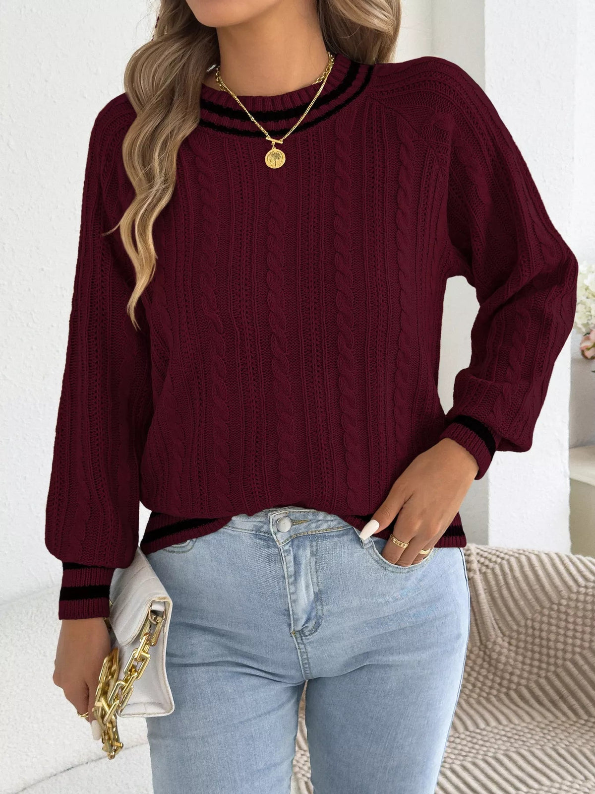 Striped Trim Cable Knit Sweater - Bitsy Gypsy Boutique