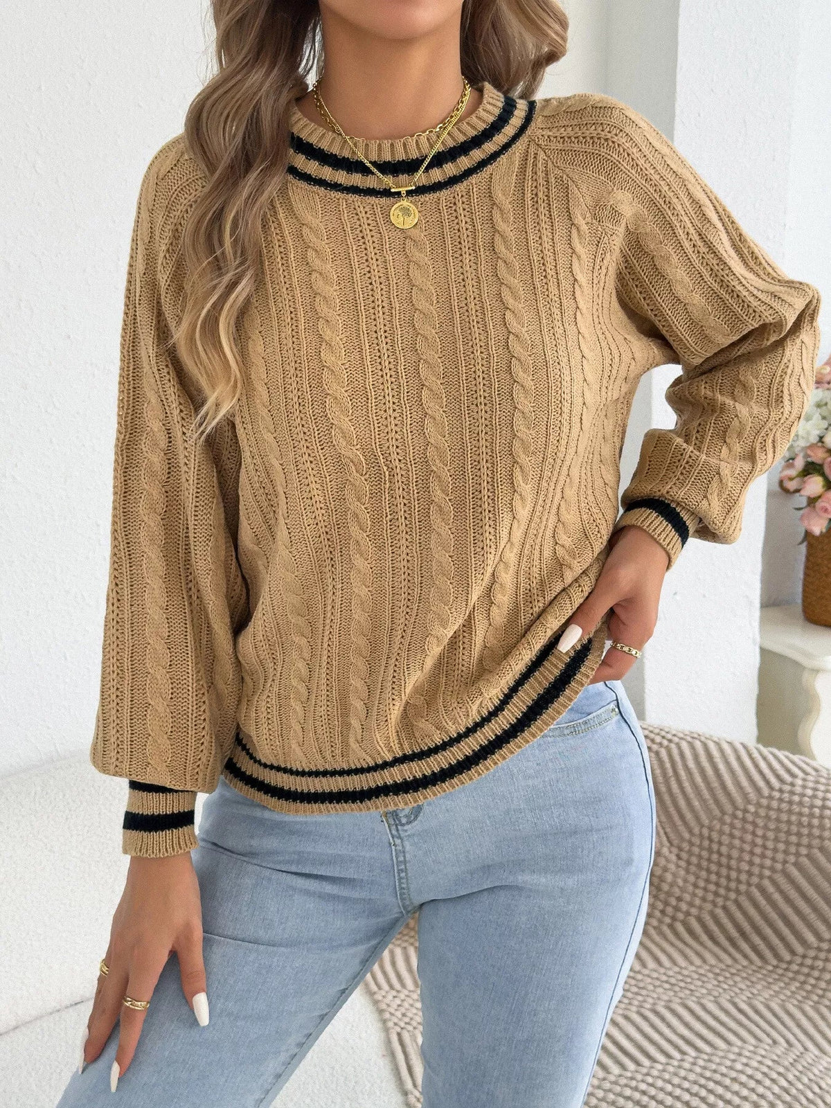 Striped Trim Cable Knit Sweater - Bitsy Gypsy Boutique