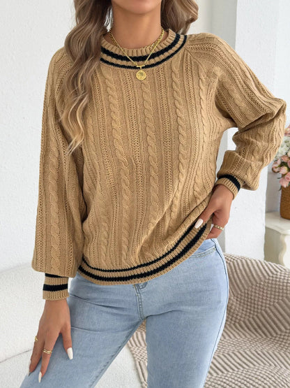 Striped Trim Cable Knit Sweater - Bitsy Gypsy Boutique