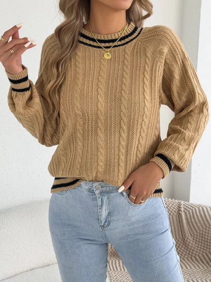 Striped Trim Cable Knit Sweater - Bitsy Gypsy Boutique
