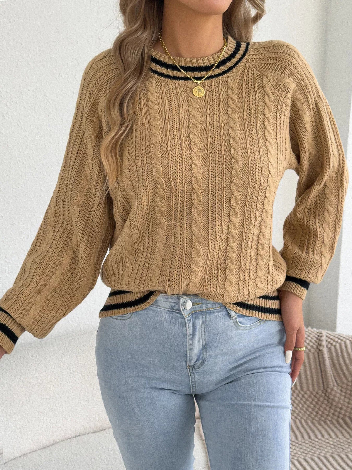Striped Trim Cable Knit Sweater - Bitsy Gypsy Boutique
