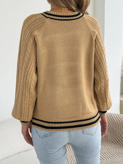 Striped Trim Cable Knit Sweater - Bitsy Gypsy Boutique