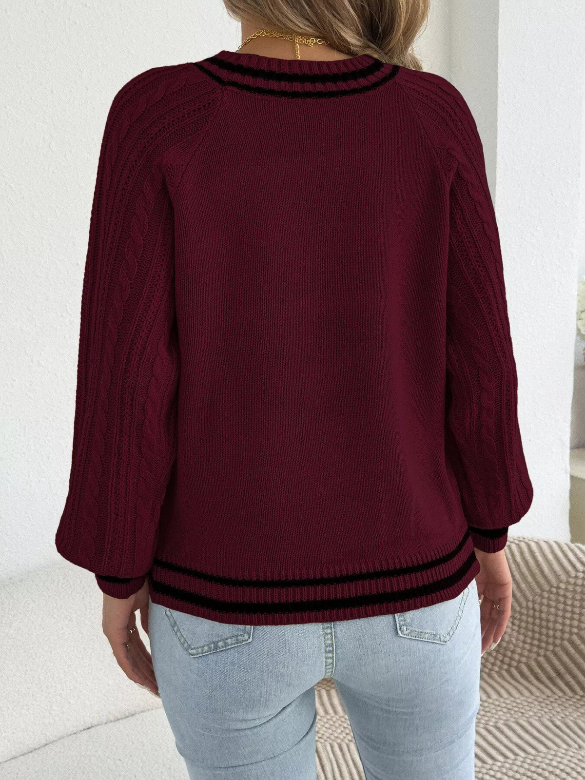 Striped Trim Cable Knit Sweater - Bitsy Gypsy Boutique