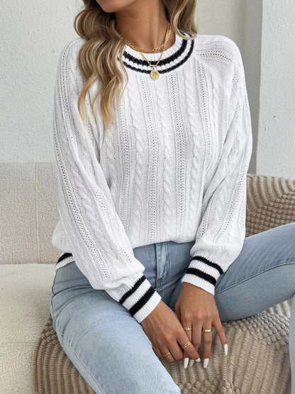 Striped Trim Cable Knit Sweater - Bitsy Gypsy Boutique