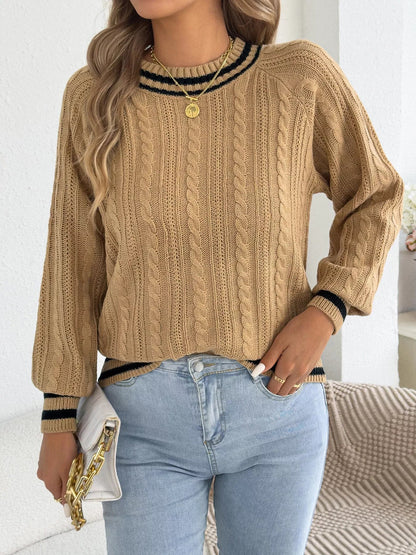 Striped Trim Cable Knit Sweater - Bitsy Gypsy Boutique