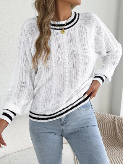 Striped Trim Cable Knit Sweater - Bitsy Gypsy Boutique